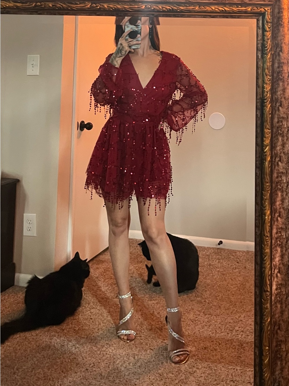 Women's Red Sequin V-Neck Cocktail Dress
